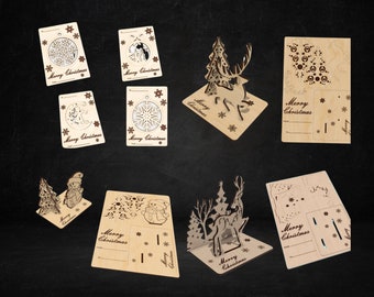 Conjunto de tarjetas de recuerdo de Navidad, postales de Navidad archivos cortados con láser, regalo de árbol de Navidad, plan vectorial Cnc, archivo de patrón de modelo, corte Cnc, DXF SVG