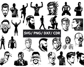 Man Head SVG Bundle | Face Silhouette Gothic Tattoo, Bearded Guy Line Art, Alpha Male Head Cut File Cricut DXF