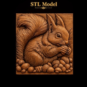 Adorable Squirrel Holding Acorn Bushy Curled Tail Pile of Nuts Acorns Textured Fur STL for CNC Router | 3D Relief Wood Panel Wall Art