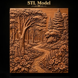 May include: A rectangular wooden relief carving featuring a detailed forest landscape with a winding path, dense trees, and blooming flowers in the foreground. The text "STL Model" is printed in gold at the top of the brown textured panel.