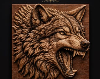 Snarling Wolf Head Bared Fangs Open Jaw Flowing Mane Detailed Fur STL for CNC Router | 3D Relief Wood Panel