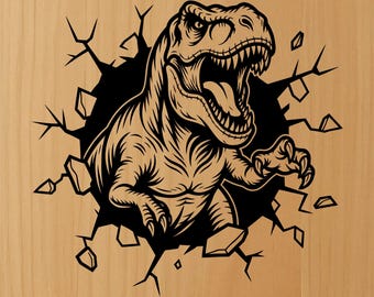 T-rex rompiendo la pared SVG, dinosaurio estallando cortado con láser, letrero Glowforge Jurásico, habitación de dinosaurios Lightburn DXF, decoración de pared infantil de madera