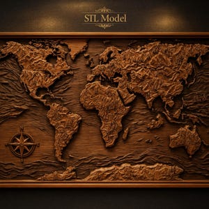 Mapa del mundo con relieve montañoso, continentes y rosa de los vientos (archivo STL) para fresadora CNC / panel de pared de madera tallada en relieve 3D