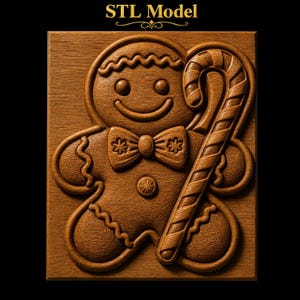 Smiling Gingerbread Man Bow Tie Icing Details Holding Large Striped Candy Cane STL for CNC Router | 3D Relief Wood Wall Art