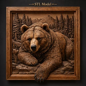 May include: A square wooden wall plaque featuring a detailed relief carving of a brown bear resting in a forest with mountains in the background. The text STL Model is centered at the top. The artwork is enclosed in a dark brown wooden frame.