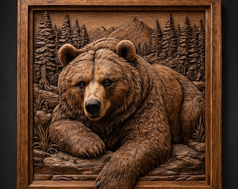 Resting Grizzly Bear with Pine Forest Mountains Rocky Terrain STL File for CNC Router | 3D Relief Wood Carving Wall Panel