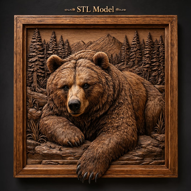 May include: A square wooden wall plaque featuring a detailed relief carving of a brown bear resting in a forest with mountains in the background. The text STL Model is centered at the top. The artwork is enclosed in a dark brown wooden frame.