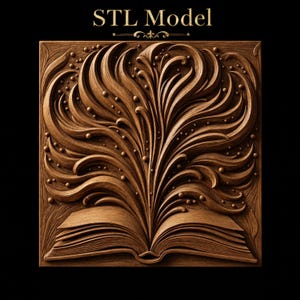 May include: A square wooden relief carving featuring an open book at the base with intricate, flowing, flame-like patterns rising upwards, accented by small spheres. The text "STL Model" is printed in gold at the top against a black background.