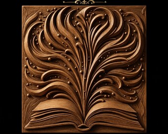 Open Book Flowing Swirling Pages Rising Scattered Bubbles Dots Ornate Flourish Border STL for CNC Router | 3D Relief Wood Panel Wall Art