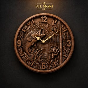 Könnte beinhalten: Eine runde Wanduhr aus Holz mit einem geschnitzten Relief eines springenden Fisches, einer Angelrute und einer Berglandschaft. Das Zifferblatt zeigt oben den Text STL Model sowie goldfarbene Zeiger und große Ziffern an den Positionen 3, 6, 9 und 12.