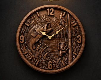 Bass Fishing Clock STL File for CNC Router | 3D Relief Wood Carving Model