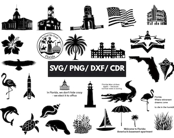 Florida SVG Bundle, Florida Map Dxf, Florida Symbols Png, Florida State Architecture, Gift for a tourist Cricut DXF