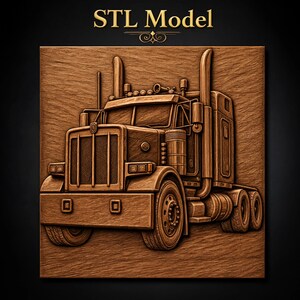 Camión semirremolque americano clásico, vista frontal, tubos de escape cromados, parrilla detallada, ruedas, archivo STL para fresadora CNC / panel de madera con relieve 3D