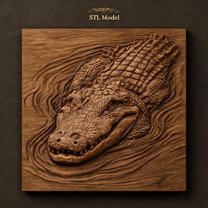 May include: A square wooden relief carving featuring a detailed crocodile emerging from textured water. The crocodile has visible scales and sharp teeth. The text STL Model is printed in gold at the top center of the brown wooden panel.