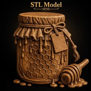 Peut inclure: Un modèle STL en bois sculpté marron représentant un pot de miel avec un motif en nid d'abeille sur le verre, un couvercle texturé façon tissu noué par une corde, une étiquette rectangulaire vierge et une cuillère à miel posée à la base.