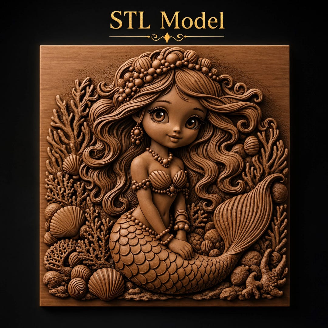3d Sea Shell Cnc Router Cute Little Mermaid Girl Long Hair Pearl Crown Seashell Top Curled Tail ...