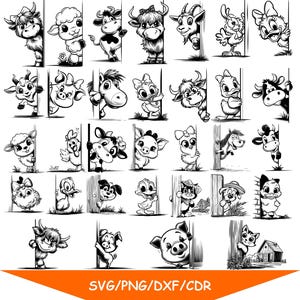 Kikande bondgårdsdjur Bundle SVG, Png, Dxf, Pdf - lantbruk bondgårdsliv djurälskare roligt och gulligt tema Direkta digitala nedladdningar