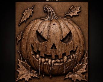ハロウィンのジャック・オー・ランタン、彫り込まれた笑みを浮かべた顔、滴る歯、メープルリーフ付きカボチャ、CNCルーター用STLファイル｜3Dレリーフ木製ウォールアート