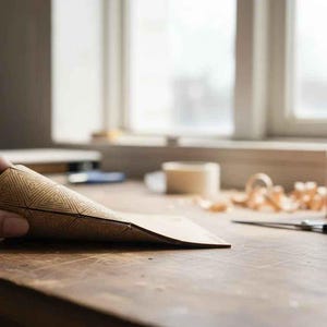 Puede incluir: Una caja de madera parcialmente construida con un patr&oacute;n geom&eacute;trico se sostiene sobre una superficie de madera. Tambi&eacute;n se ven un frasco de pegamento, tijeras y virutas de madera, lo que sugiere un proyecto artesanal.