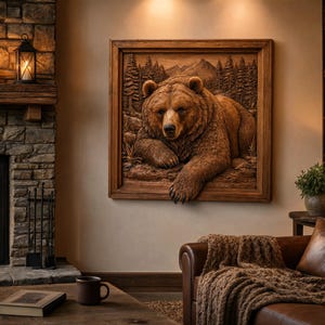 May include: A square wooden wall art piece featuring a detailed relief carving of a brown bear resting in a forest setting. The bear is depicted in a naturalistic style with textured fur, positioned within a simple wooden frame on a wall.