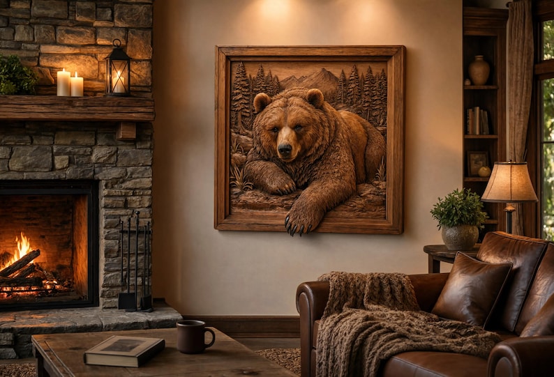 May include: A square wooden wall art piece featuring a detailed relief carving of a brown bear resting in a forest setting. The bear is depicted in a naturalistic style with textured fur, positioned within a simple wooden frame on a wall.