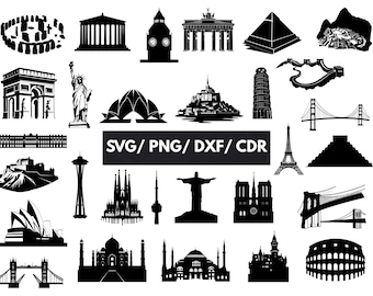 Welt Architektur SVG Bundle | Wahrzeichen Silhouette, historische Gebäude Cut File, Kolosseum Eiffelturm Glowforge
