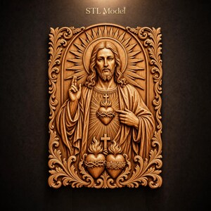 May include: A rectangular wooden wall plaque featuring a detailed relief carving of the Sacred Heart of Jesus. The figure is centered with a halo, surrounded by ornate scrollwork borders. The text STL Model is visible at the top center.