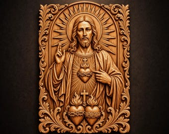 Sacred Heart of Jesus STL File for CNC Router | Religious 3D Relief Wood Carving Wall Icon