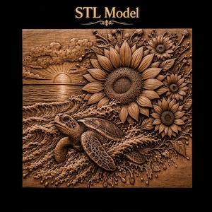 May include: A brown wood-toned relief carving labelled STL Model featuring a sea turtle swimming through ocean waves. The scene includes a sunrise over the water, clouds, and a cluster of large sunflowers on the right side with detailed petals.
