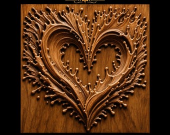 Layered Splash Heart Flowing Droplets Scattered Bubbles Branching Tendrils Ornate STL for CNC Router | 3D Relief Wood Panel Wall Art