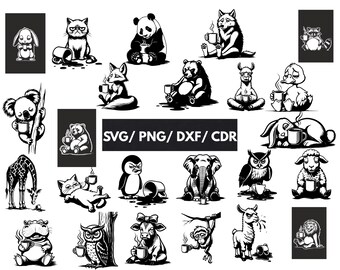 Coffee SVG Animal Bundle, Png Svg and Dxf Files Instant Download, kawaii Tired animal clipart, cutter and laser engraving files Funny Animal