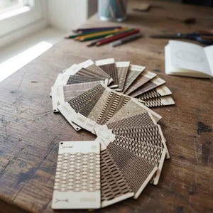 Puede incluir: Un abanico de muestras de madera con patrones cortados con l&aacute;ser, dispuesto sobre una mesa de madera. Se ven l&aacute;pices, tijeras y un cuaderno en el fondo. Las muestras muestran una variedad de texturas y dise&ntilde;os.