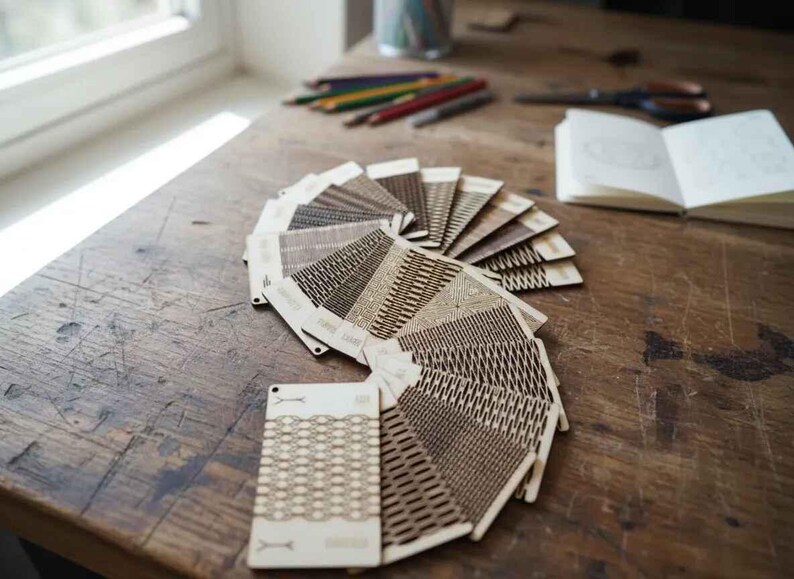 Puede incluir: Un abanico de muestras de madera con patrones cortados con l&aacute;ser, dispuesto sobre una mesa de madera. Se ven l&aacute;pices, tijeras y un cuaderno en el fondo. Las muestras muestran una variedad de texturas y dise&ntilde;os.
