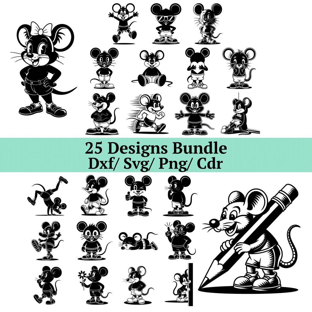 Cartoon Mouse SVG DXF Bundle, 25 Little Student Mouse PNG, Cute Mouse ...