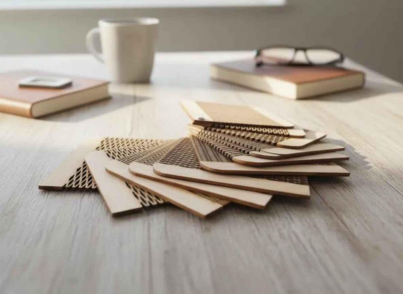 Puede incluir: Una colecci&oacute;n de muestras de madera cortadas con l&aacute;ser con varios patrones, abanicadas sobre una superficie de madera clara. Tambi&eacute;n se ven una taza blanca, dos cuadernos encuadernados en cuero y un par de gafas, lo que sugiere un espacio de trabajo o estudio de dise&ntilde;o.