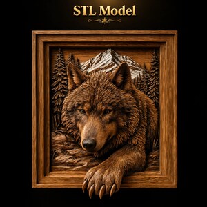 May include: A wooden wall art piece featuring a carved wolf with one paw extending over the bottom frame edge. The scene includes a forest of pine trees and a snow-capped mountain peak in the background. The text STL Model is at the top.