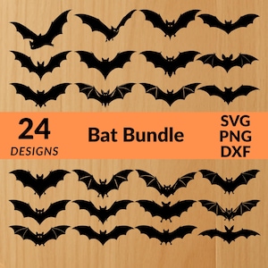 Könnte beinhalten: Eine Sammlung von 24 schwarzen Fledermaus-Designs in verschiedenen Posen, angeordnet auf einem hellen Holzmaserungshintergrund. Das Bild enthält den Text "Bat Bundle" und Dateitypoptionen: SVG, PNG und DXF. Das Wort "Designs" und die Zahl "24" sind ebenfalls enthalten.