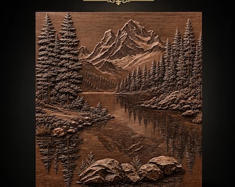 山と湖の風景、松林、雪山、岩、水面に映る景色、荒野の風景 STL（CNCルーター用）｜3Dレリーフ木製壁アート