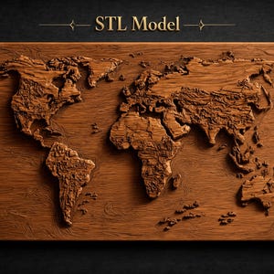 May include: A rectangular wooden wall plaque featuring a three-dimensional relief map of the world. The continents are carved with topographical details and wood grain textures. The text "STL Model" is centered in gold above the map.