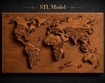 May include: A rectangular wooden wall plaque featuring a three-dimensional relief map of the world. The continents are carved with topographical details and wood grain textures. The text "STL Model" is centred in gold above the map.