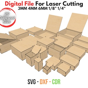 Könnte beinhalten: Ein Satz von 20 verschiedenen Holzboxen mit Deckeln, die für den Laserschnitt konzipiert sind. Die Boxen sind aus unbehandeltem Holz und in verschiedenen Größen erhältlich, darunter 3 mm, 4 mm, 6 mm, 1/8 Zoll und 1/4 Zoll. Die digitalen Dateien für die Boxen sind in den Formaten SVG, DXF und CDR verfügbar.