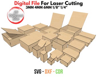 20 Laser Cut Box mit Klappdeckel, 20 verschiedene Größen Boxen, für 3mm, 4mm, 6mm, 1/8inch, 1/4inch Material, GlowForge, SVG, DXF, Cdr