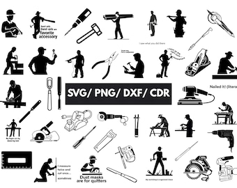 Paquete de 42 imágenes prediseñadas de herramientas de carpintería (SVG) de carpintero, regalo divertido para manitas, sierra y taladro para obrero de la construcción, letrero de madera Cricut DXF