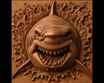 Front Facing Great White Shark Open Jaw Sharp Teeth Splashing Water Spray Droplets STL for CNC Router | 3D Relief Wood Panel Wall Art