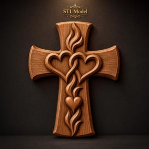 Cross with Hearts and Holy Spirit Flames STL File for CNC Router | Religious 3D Relief Wood Carving Wall Decor