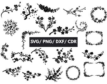 Kirschblüten SVG Bundle: Sakura Rahmen DXF, Floral Silhouette Schnittdateien (Svg, Png, Dxf, Cdr)