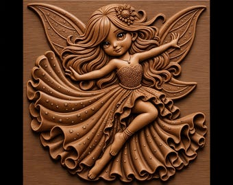 Graceful Dancing Fairy Flowing Star Dress Outstretched Arms Layered Wings Long Hair STL for CNC Router | 3D Relief Wood Panel Wall Art