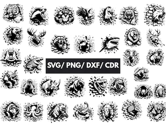 Aggressive Animal Head SVG Bundle | Breaking Wall Wildlife Art, Dynamic Tattoo Style Lion Tiger Cricut DXF