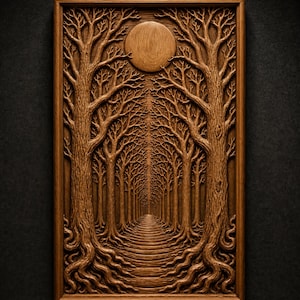 May include: A rectangular wooden wall art piece featuring a deep relief carving of a forest path lined with trees that recede into a vanishing point, topped by a circular moon. The text STL Model is centered at the top of the frame.