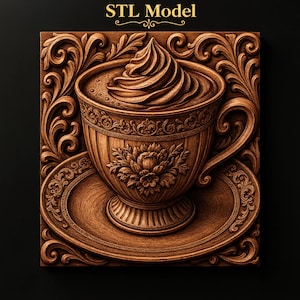 Ornate Footed Teacup Swirled Whipped Cream Floral Carved Body Saucer Scrollwork Border STL for CNC Router | 3D Relief Wood Wall Art